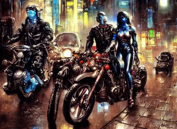 Image similar to 2 attractive cyberpunk females on motorcycles in a gritty futuristic city at night in the rain, art by Simon Bisley Frank Frazetta Martin Emond