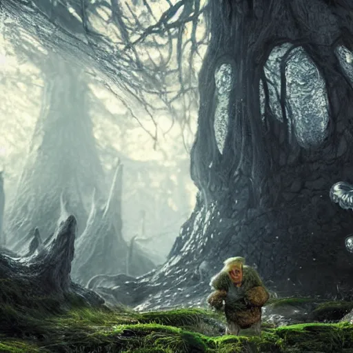 Image similar to highly detailed portrait of donald trump as a goblin in a magical mushroom forest, in skyrim, unreal engine, fantasy art by greg rutkowski, global illumination, radiant light, detailed and intricate environment