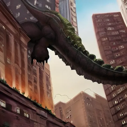 Prompt: Underside View of a Giant Dinosaur\'s Foot Looming Overhead, About to Come Down to Stomp on You, Ruined City Street with Giant Footprints, Digital Art, Artstation