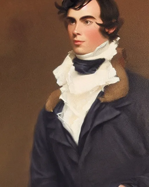 Prompt: cute brown burmese cat with serious expression wearing regency era menswear in navy and white, thomas lawrence, greg rutkowski