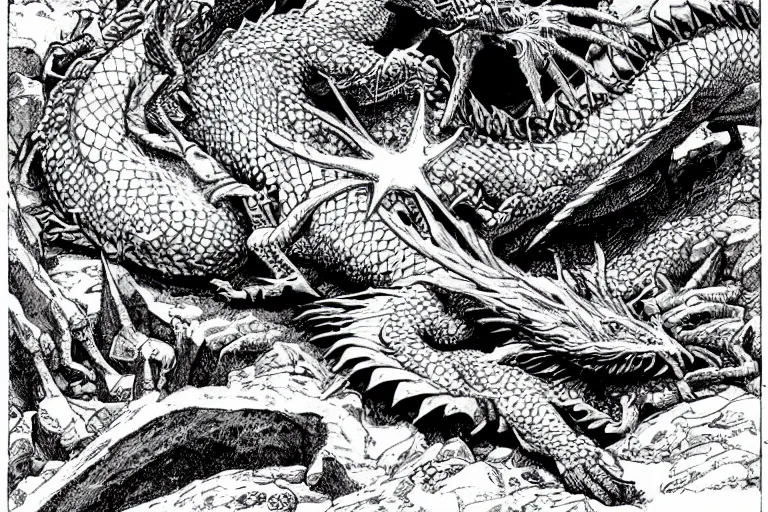 Prompt: dragon sleeping on a mountain of treasure in a big cavern, by Larry Elmore