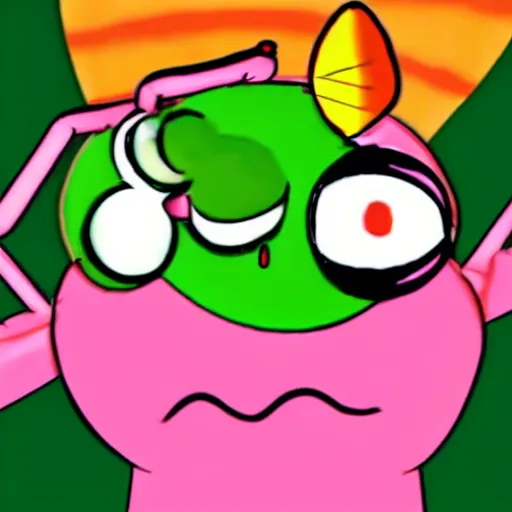 Image similar to light pink mosquito with a long pointy red nose, a green mohawk and green eyebrows wearing a yellow and orange striped t - shirt, cartoon