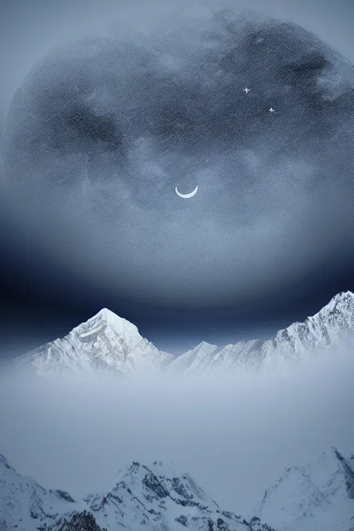 Image similar to digital matte fantasy dreamy mountain scape dark tones snow, crescent moon, wolf, 8 k by geometrieva