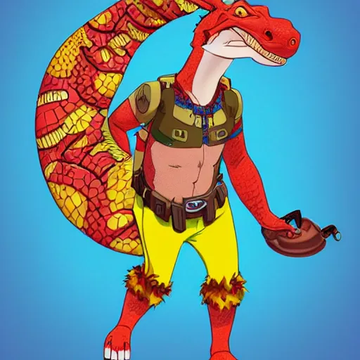 Image similar to in the style of artgerm, loish, anthropomorphic alligator, red scales on his back, yellow scale on his belly and chest, male, waring a hawaiian shirt, in the style of zootopia