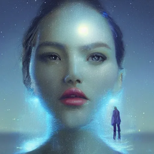 Prompt: sci - fi, close - up, 3 d, moon rays, night, fashion model face, cinematic, clouds, sun rays, vogue cover style, poster art, blue mood, realistic painting, intricate oil painting, high detail illustration, figurative art, multiple exposure, water, 3 d, by tooth wu and wlop and beeple and greg rutkowski