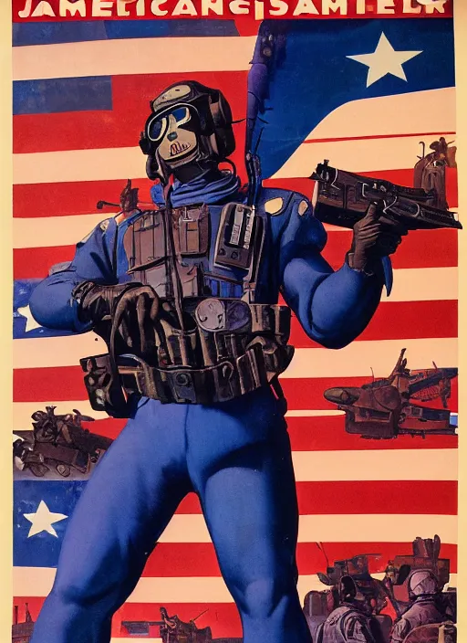 Prompt: american propaganda poster. cyberpunk tactical assault officer. portrait by jean giraud and anton otto fischer and john philip falter and will eisner and gil elvgren. realistic proportions. character art. science fiction d & d. tf 2, overwatch.