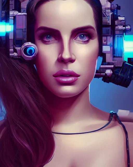 Image similar to portrait of lana del rey as a cyborg. intricate abstract. intricate artwork, by tooth wu, wlop, beeple, dan mumford. concept art, octane render, trending on artstation, greg rutkowski very coherent symmetrical artwork. cinematic, key art, hyper realism, high detail, octane render, 8 k, iridescent accents