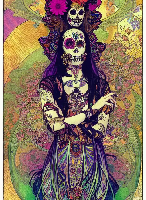 Prompt: psychedelic poster art of a cute punk goth fashion fractal Día de los Muertos tattooed girl posing in goth outfit by Victor Moscoso Rick Griffin Alphonse Mucha Gustav Klimt Ayami Kojima Amano Charlie Bowater, masterpiece