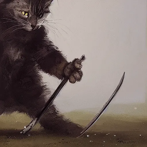 Prompt: a cat holding a sword by jakub rozalski