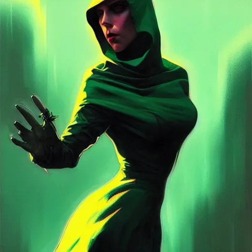 Prompt: Rafeal Albuquerque comic art, Joshua Middleton comic art, Jeremy Mann art, artgerm, cinematics lighting, beautiful Anna Kendrick supervillain, green dress with a black hood, angry, symmetrical face, Symmetrical eyes, full body, flying in the air, night time, red mood in background