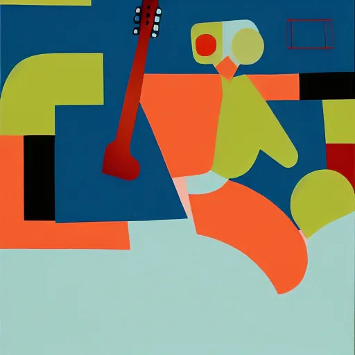 Prompt: portrait of a person playing guitar, abstract painting in the style of Sophie Taeuber-Arp and Gary Hume and Tatsuro Kiuchi, flat colour-block style, geometric abstraction, dark colours