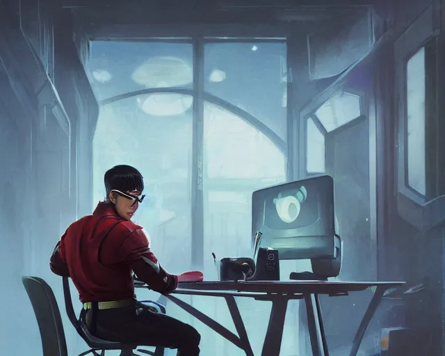 Image similar to an insanely detailed painting of a nerdy asian man wearing a superhero costume, sitting at a desk, staring at the nervously at the computer and typing, in the style of peter mohrbacher, dramatic lighting and composition, surreal background, octane render, pixar, trending on artstation, concept art, comic book, view from behind