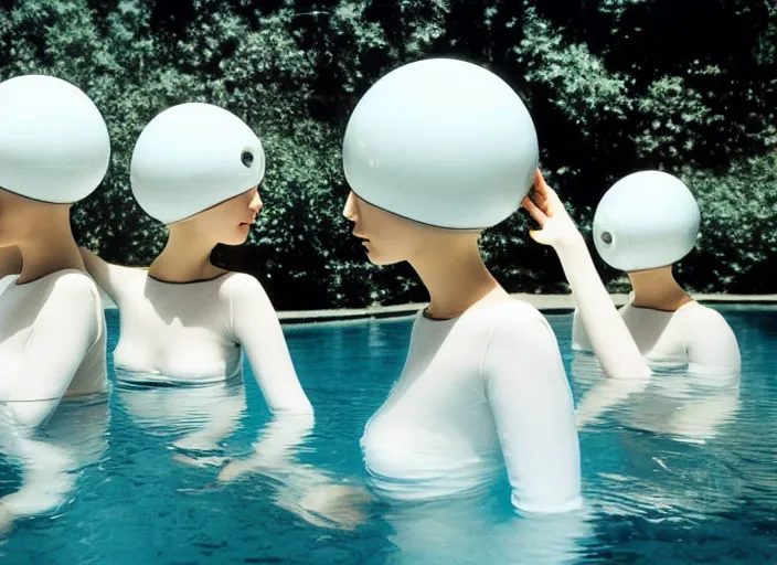 Image similar to realistic photo of a group of common medieval girls in white tights, white spherical helmets, in a big white plastic sci - fi egg - like pool with black water capsule, in a center of the wooden living room with medieval wooden walls 2 0 0 0, life magazine photo,