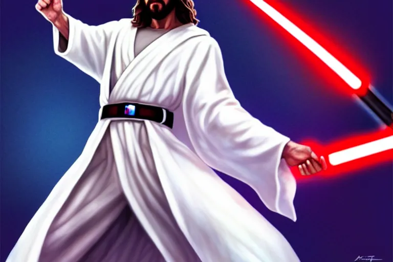 Image similar to jesus christ in a white robe striking an action pose, holding a lightsaber ; art by artgerm ; digital art ; character art ; star wars