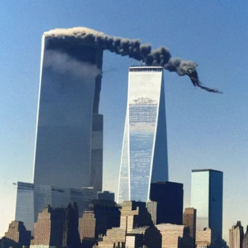 Prompt: A giant Hillary Clinton destroying the world trade center on a clear summer day on September 11th, 2001