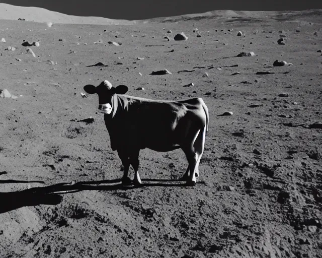 Image similar to a vintage photo of a cow on the moon, earth in distance