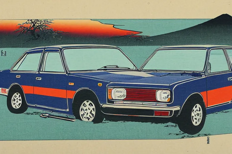 Image similar to ukiyo - e painting of a datsun 5 1 0