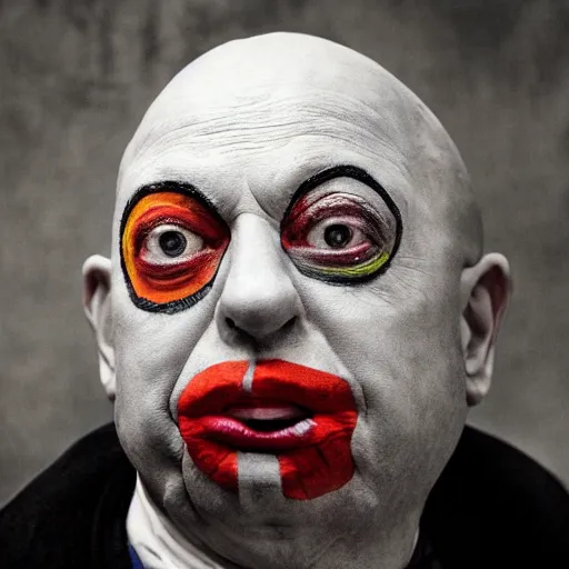 Image similar to UHD candid photo of Klaus Schwab dressed as a prisoner in a chain gang, wearing extremely accurate clown makeup, accurate face, UHD, photorealistic, correct face, photo by Annie Leibowitz