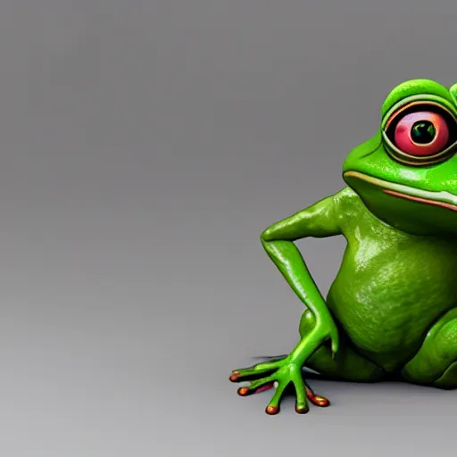 Image similar to a sadge - sad - pepe - the - frog, looking more depressed than usual, quivering lips, fists in the air, sweat flying, cgi render, zbrush, octane, keyshot render