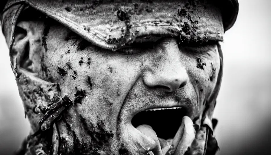 Image similar to World War 1 soldier screaming in anguish, close-up of face, wartorn landscape, dirty lens, shallow depth of field, cinematic lighting, IMAX, cinematography, 35mm