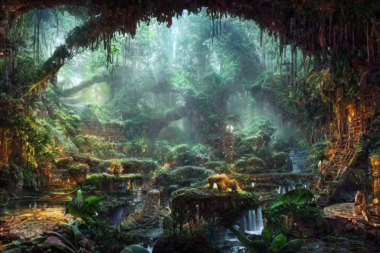 Prompt: the most amazing dream you ever had about subterranean jungle, john stephens, hyper realistic, ambient lighting, concept art, intricate, hyper detailed, smooth, dynamic volumetric lighting, octane, cinematic
