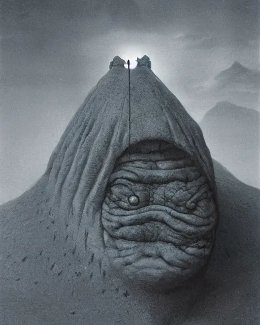 Image similar to giand sandworm with human face, cinematic lighting, sci-fi movie, by zdzislaw beksinski, 1900s photo