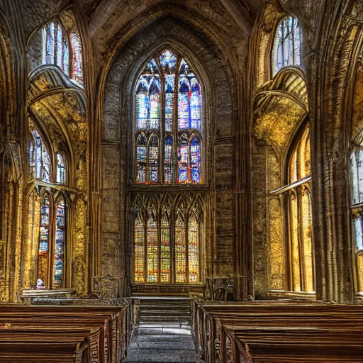 Prompt: a HDR photograph of the interior of an abandoned cathedral with sunrays shining through stained glass windows, award winning photograph, ultra sharp and detailed