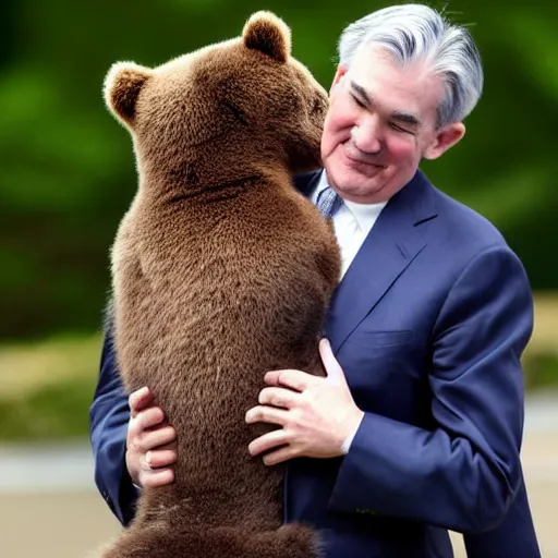 Image similar to Jerome Powell hugging a bear