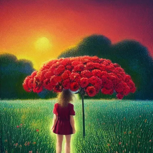 Prompt: giant red carnation afro, full body, girl walking in the middle of a field with flowers, surreal photography, hills, sunrise dramatic light, impressionist painting, colorful clouds, digital painting, pointillism, artstation, simon stalenhag