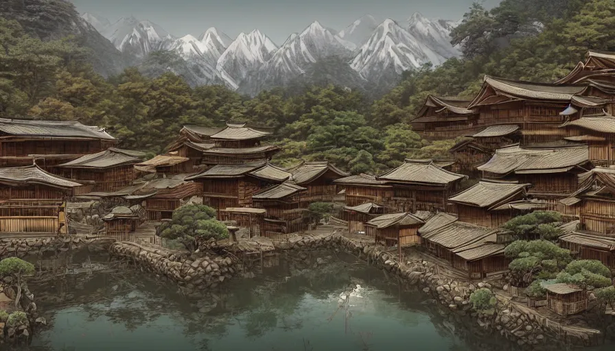 Prompt: old japanese village built near mountains, river, wooden rustic houses, manga, hyperdetailed, artstation, cgsociety, 8 k