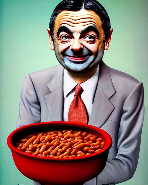 Prompt: portrait of mr bean smiling in a bowl full of baked beans, face covered in beans and tomato sauce, rowan atkinson, mr bean face, surrealist oil painting, highly detailed