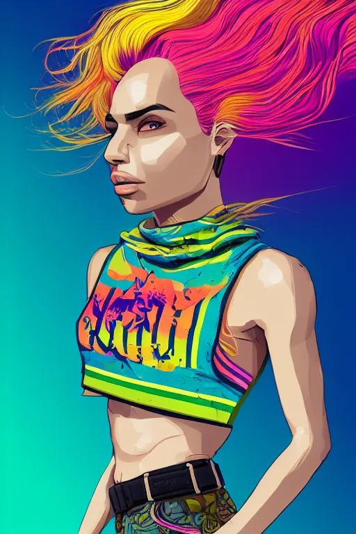 Image similar to a award winning half body portrait of a beautiful woman with stunning eyes in a printed croptop and cargo pants with rainbow colored ombre hairstyle head in motion and hair flying by josan gonzales, outrun, vaporware, shaded flat illustration, digital art, trending on artstation, highly detailed, fine detail, intricate