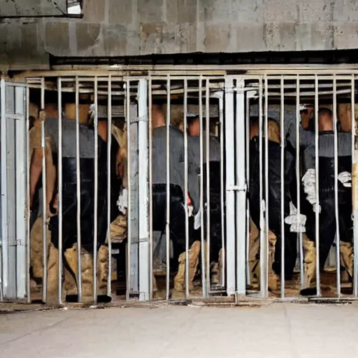 Image similar to inmates with cowheads inside a jailcell