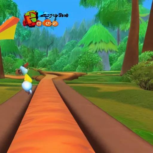 Prompt: banjo kazooie running towards a distant jiggy, dreamy landscape, forest of treetops
