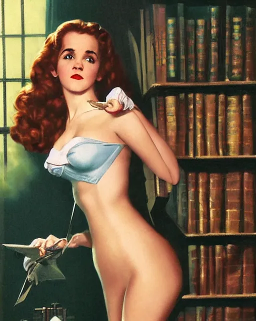 Prompt: pinup photo of hermione granger by emma watson in the library of hogwarts, gil elvgren, enoch bolles, edward robert hughes, henry justice ford, glossy skin, pearlescent, very coherent, very detailed