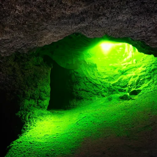 Prompt: a mysterious green light emanating from a cave entrance