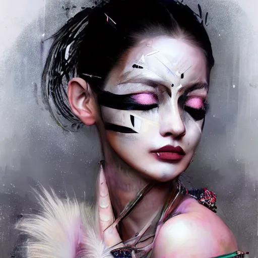 Image similar to A masterpiece portrait of a Incredibly beautiful half slightly damaged crying black swan makeup girl . tribal fashion. 2077 fashion. Cyberpunk. First sparkles. Vogue. trending on artstation, digital art, by Stanley Artgerm Lau, WLOP, Rossdraws, James Jean, Andrei Riabovitchev, Marc Simonetti, Yoshitaka Amano