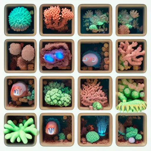 Prompt: composition of nine square boxes with different microbionts, diorama, front view, light mode, led lamps, coral reef, octane render, modigliani