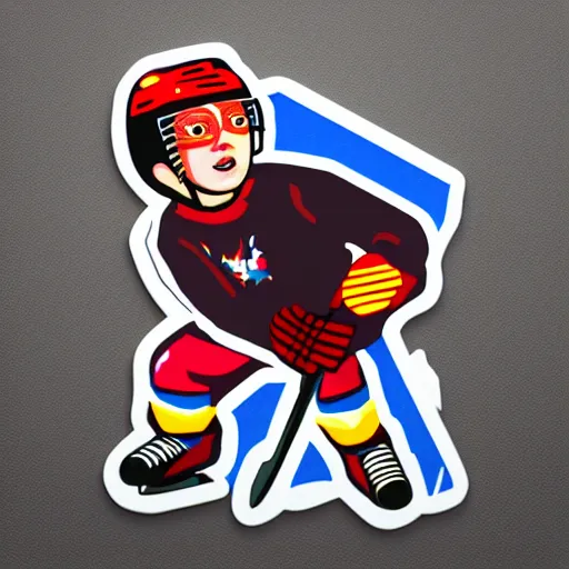 Prompt: boy playing hockey + wearing 3D glasses, sticker art, trending on artstation