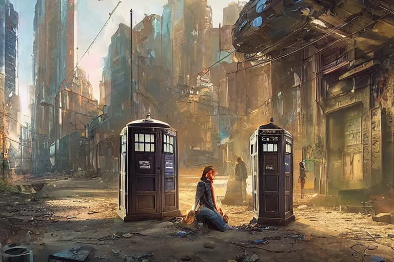 Image similar to photograph of a single tardis sat on the streets of a cyberpunk abandoned city, by greg rutkowski, by stanley artgerm, by alphonse mucha