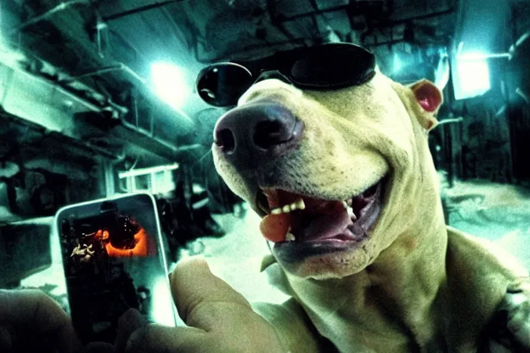 Image similar to cyborg - pitbull taking a selfie, in hell, in 1 9 8 5, y 2 k cybercore, industrial low - light photography, still from a kiyoshi kurosawa movie