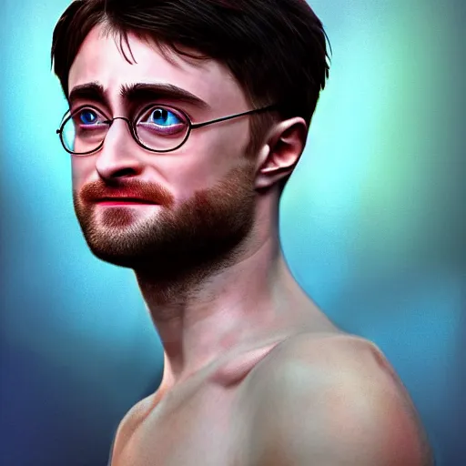 Image similar to photorealistic daniel radcliffe is ripped. hyperdetailed photorealism, 1 0 8 megapixels, amazing depth, high resolution, 3 d shading, 3 d finalrender, 3 d cinematic lighting, glowing rich colors, psychedelic overtones, artstation concept art.