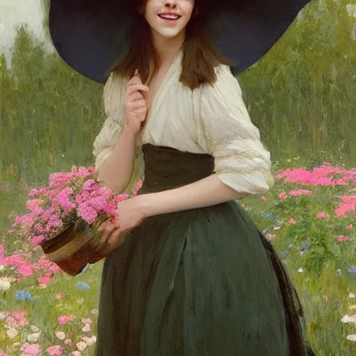 Prompt: laughing mouth open thick paint brush strokes full body fashion model emma watson by Jeremy Lipking by Hasui Kawase by Richard Schmid (((smokey eyes makeup eye shadow fantasy, glow, shimmer as victorian woman in a long white frilly lace dress and a large white hat having tea in a sunroom filled with flowers, roses and lush fern flowers ,intricate, night, highly detailed, dramatic lighting))) , high quality