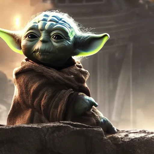 Image similar to Yoda in gears of war, splash art, movie still, detailed face, cinematic lighting, dramatic, octane render, long lens, shallow depth of field, bokeh, anamorphic lens flare, 8k, hyper detailed, 35mm film grain