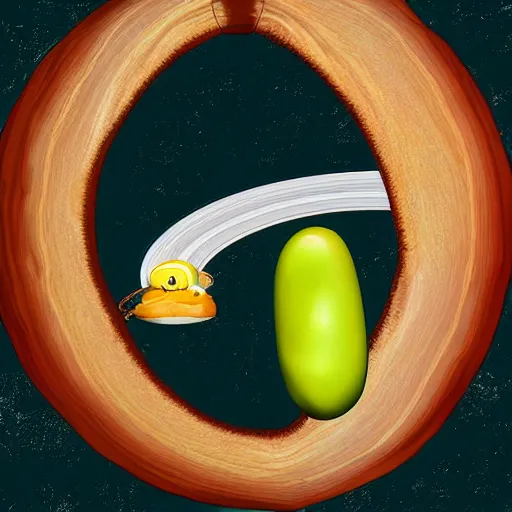 Image similar to Cartoon art of a hungry banana eating a pickle on Saturn, digital art, detailed,