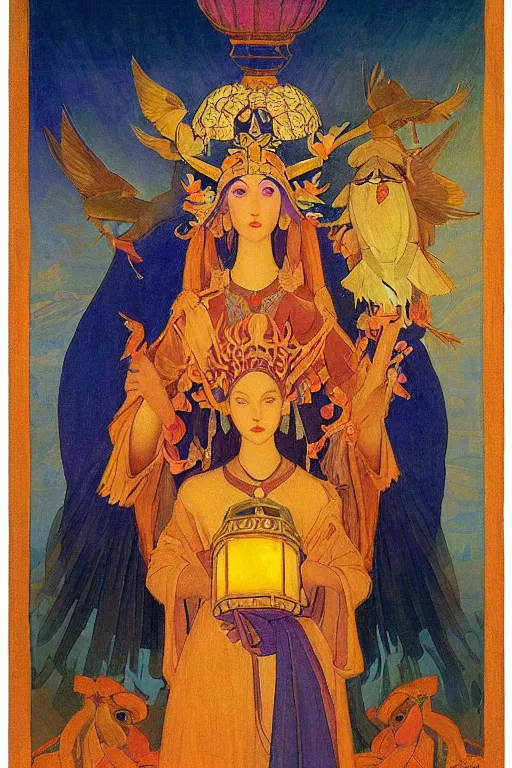 Prompt: queen of the dawn with her lantern and birds, by Nicholas Roerich and jean delville, elaborate headdress and embroidered velvet, iridescent beetles, rich color, dramatic cinematic lighting, extremely detailed