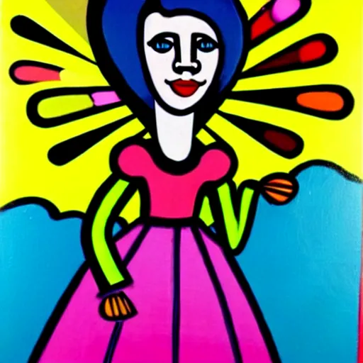 Prompt: paint girl in dress in the wind, style of romero britto