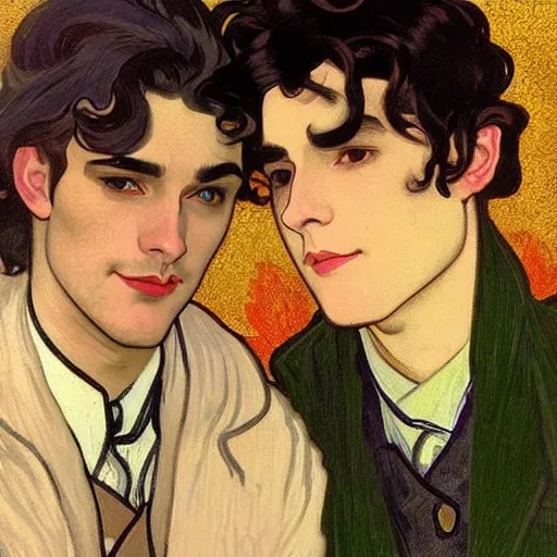 Image similar to painting of young cute handsome beautiful dark medium wavy hair man in his 2 0 s named shadow taehyung and cute handsome beautiful min - jun together at the halloween! party, bubbling cauldron!, candles!, smoke, autumn! colors, elegant, wearing suits!, delicate facial features, art by alphonse mucha, vincent van gogh, egon schiele