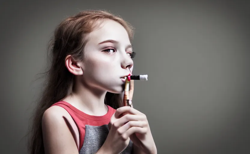 Prompt: portrait photography of a cute young girl smoking a cigarette, photorealistic, detailed, 4 k