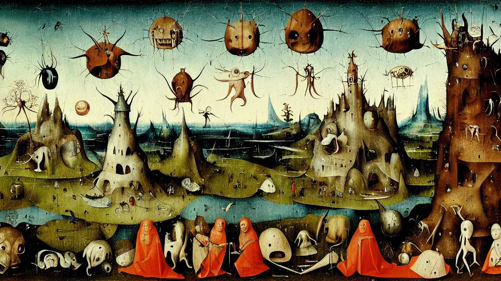 Image similar to a beautiful landscape with weird creatures by hieronymus bosch and johfra bosschart